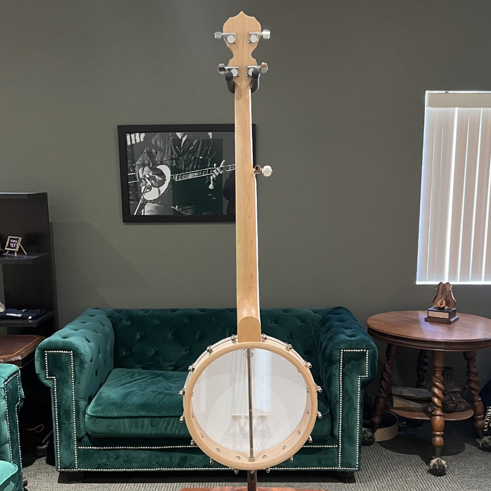 Banjo on a stand in a room with green couches and a gray wall.
