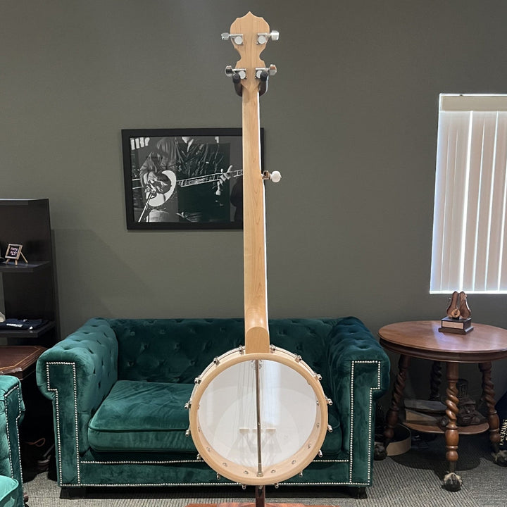 Banjo on a stand in a room with green couches and a gray wall.