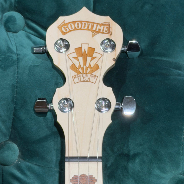 Goodtime peghead against a green background. Peg head has dark tree knot marks near the E in Goodtime