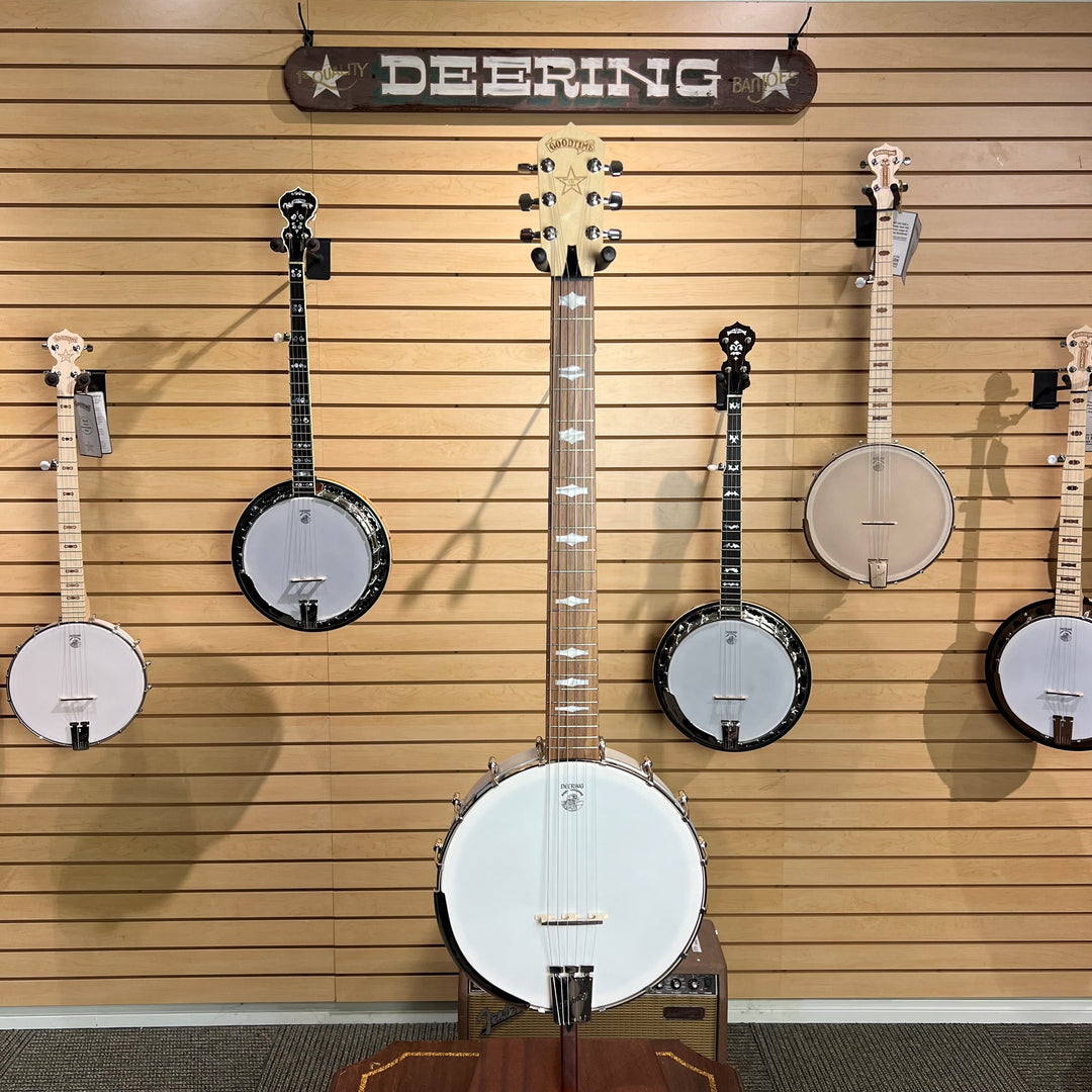 Goodtime Six String openback banjo full front shot - Blonde Maple wood with Pau Ferro Fingerboard.
