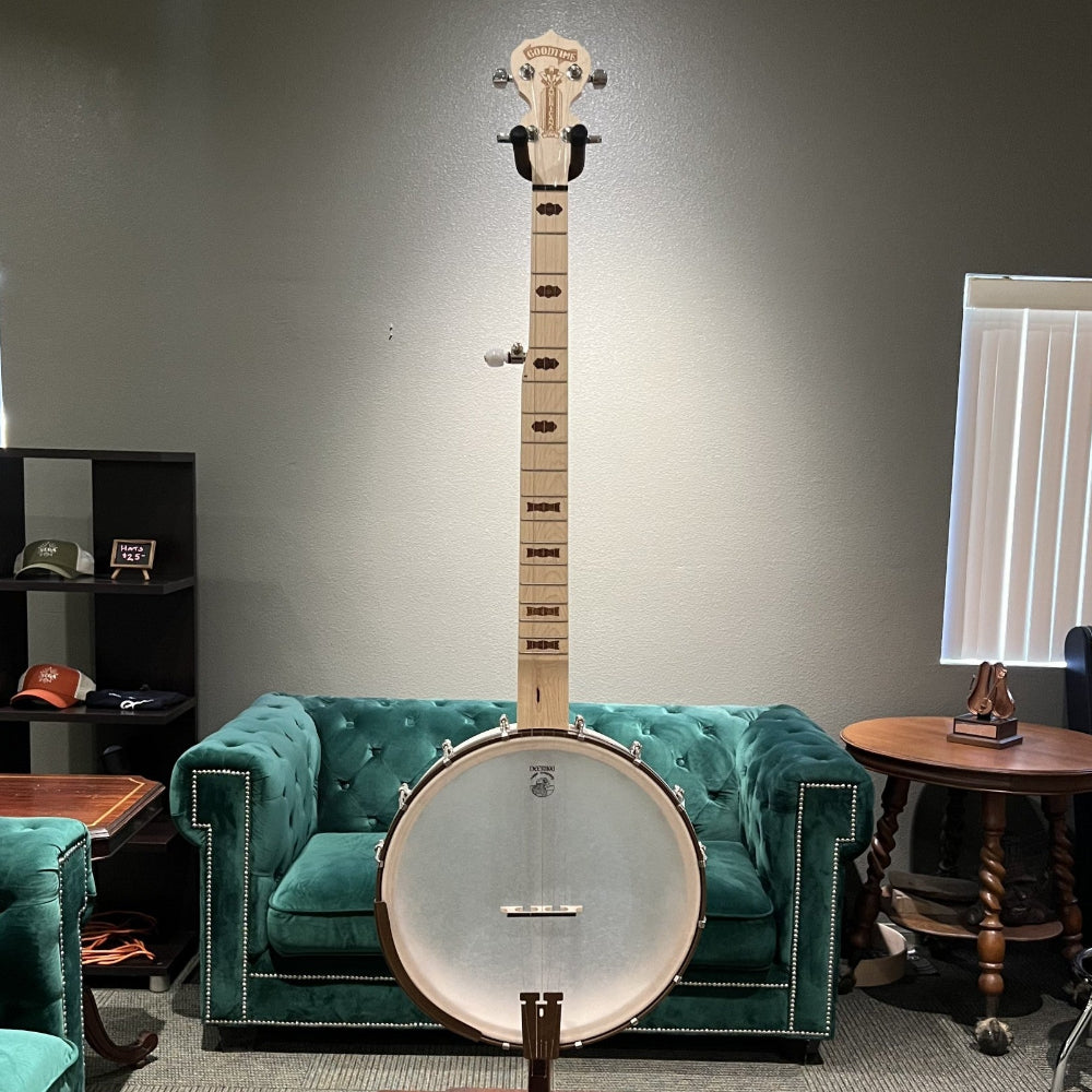 natural color banjo with dark inlay against a green couch
