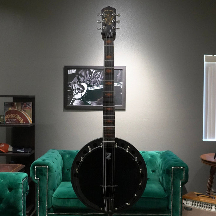 Black banjo in a room with green couch and television displaying a guitar.