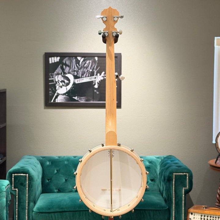 Banjo leaning against a green couch with a framed picture of a person playing a guitar on the wall.
