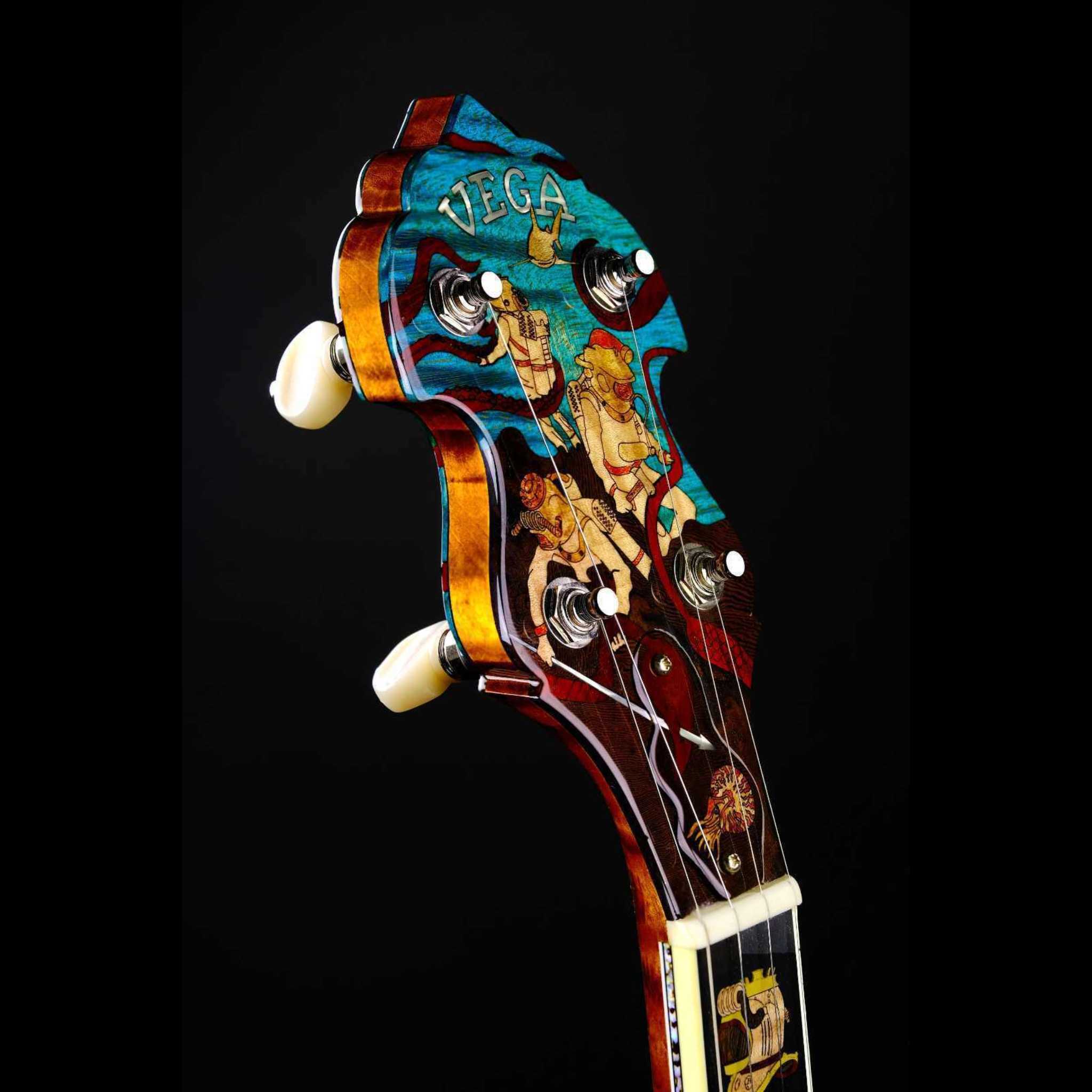 Nemo 20,000 leagues under the sea themed banjo peghead with diver inlays angled shot