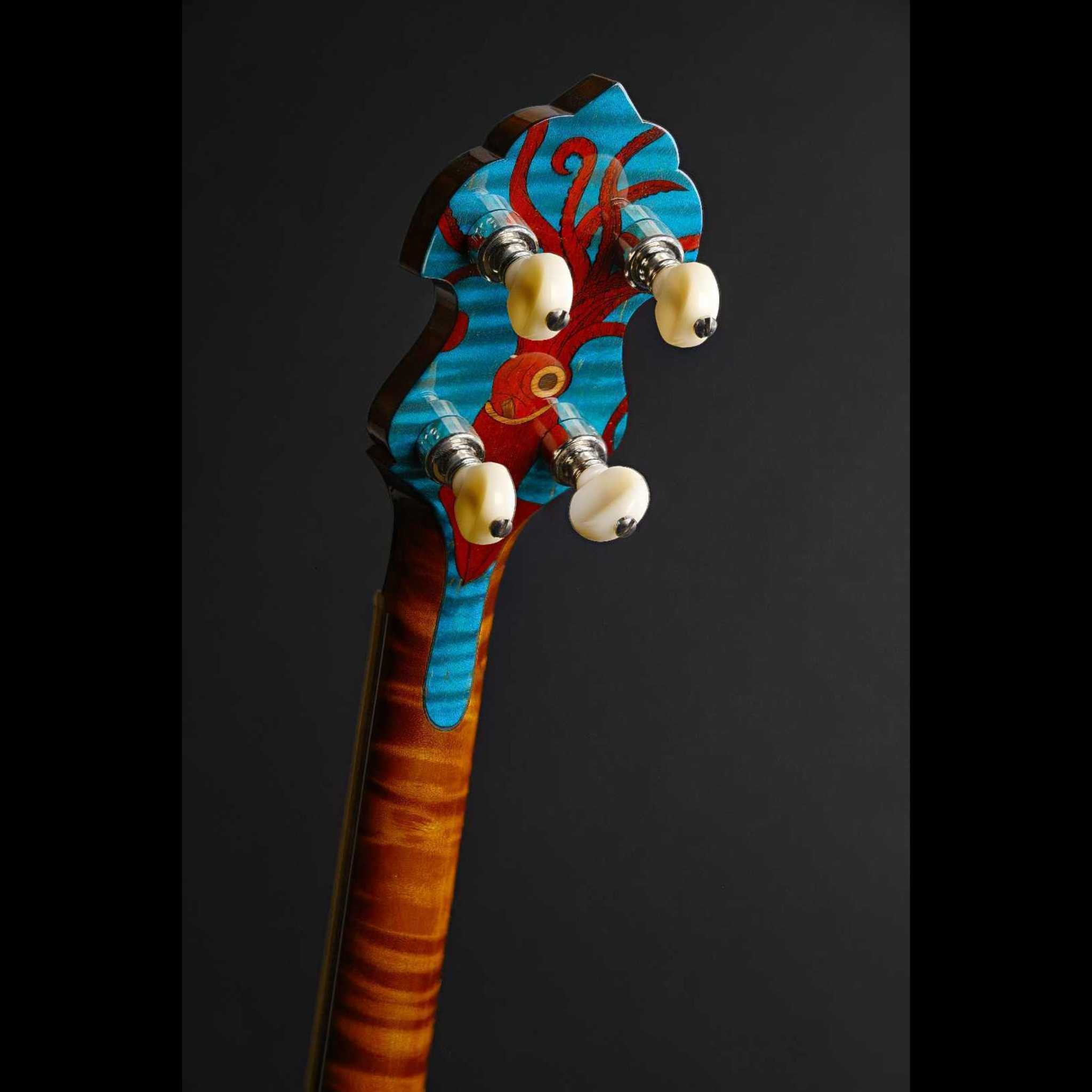 Nemo 20,000 leagues under the sea themed banjo back of peghead with squid inlay angle shot