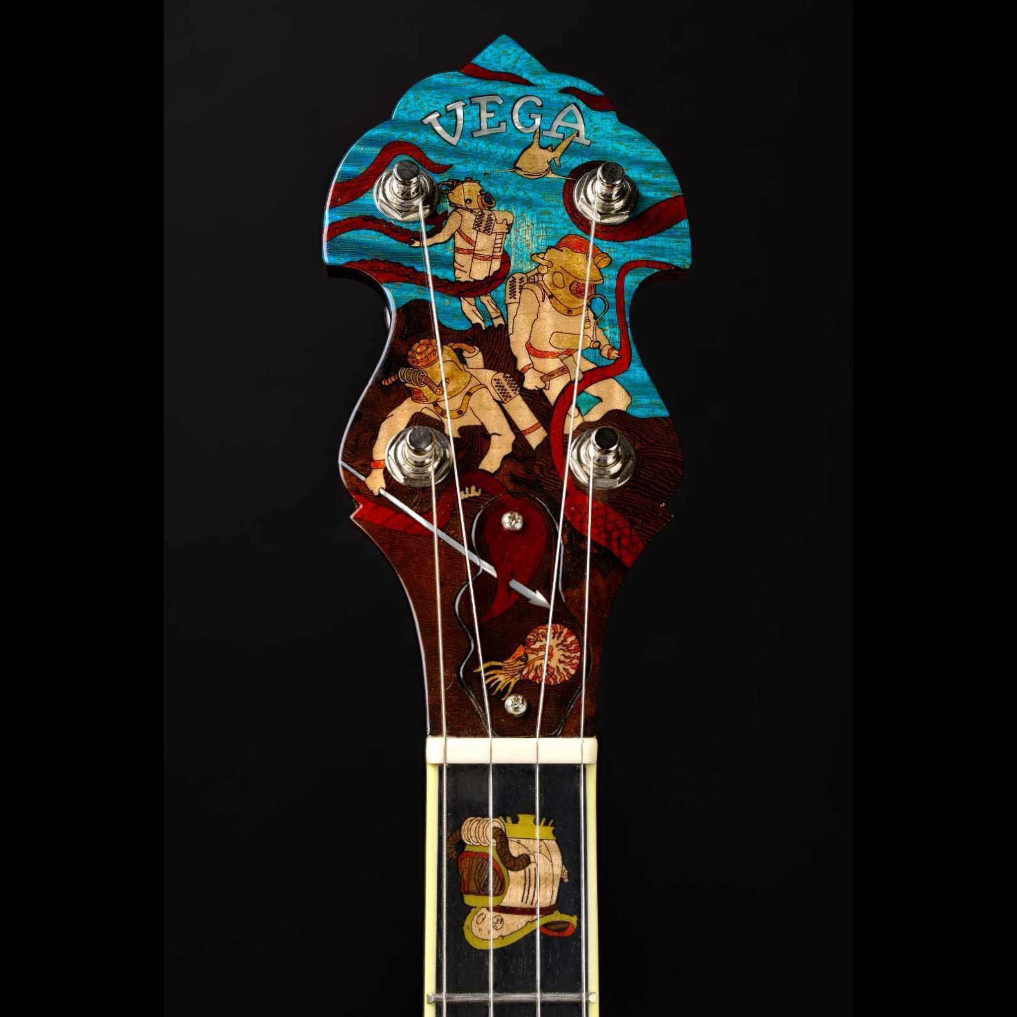 Nemo 20,000 leagues under the sea themed banjo peghead with diver inlays front shot 