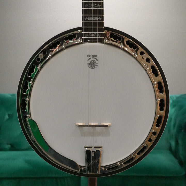 Banjo in front of green couch and gray wall