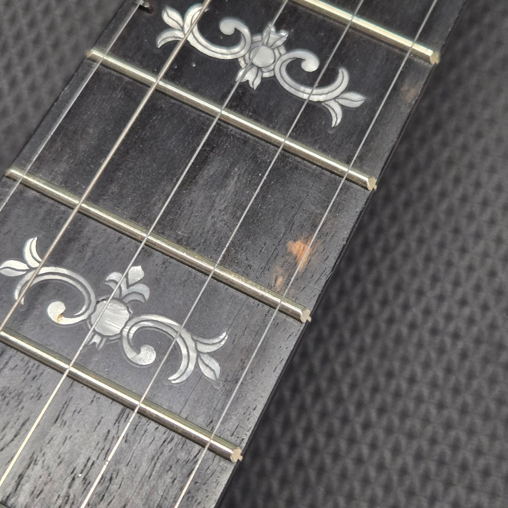 Close-up of a guitar fretboard with decorative inlays on a textured background