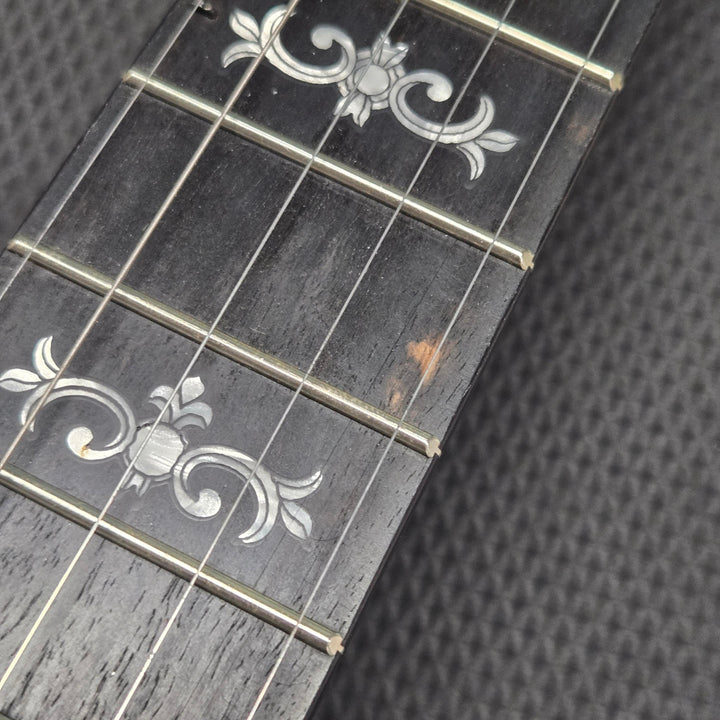 Close-up of a guitar fretboard with decorative inlays on a textured background