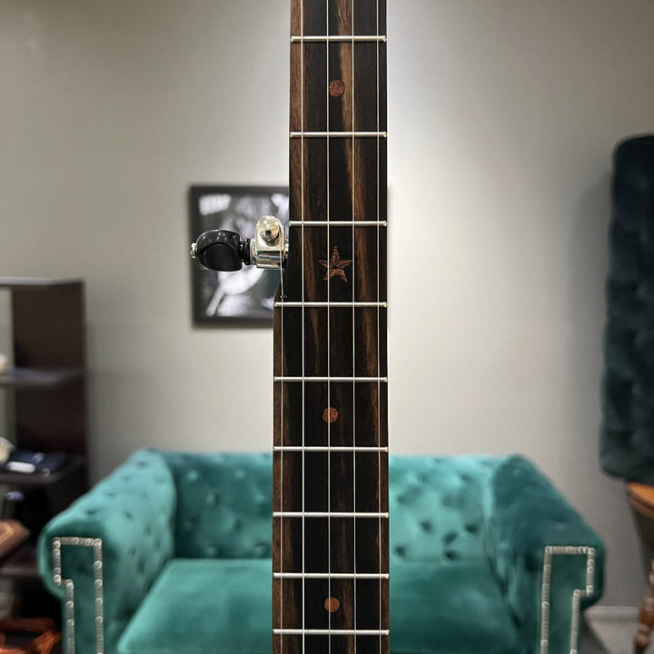 Close-up of a banjo neck with a blurred background featuring a teal chair and a framed picture.