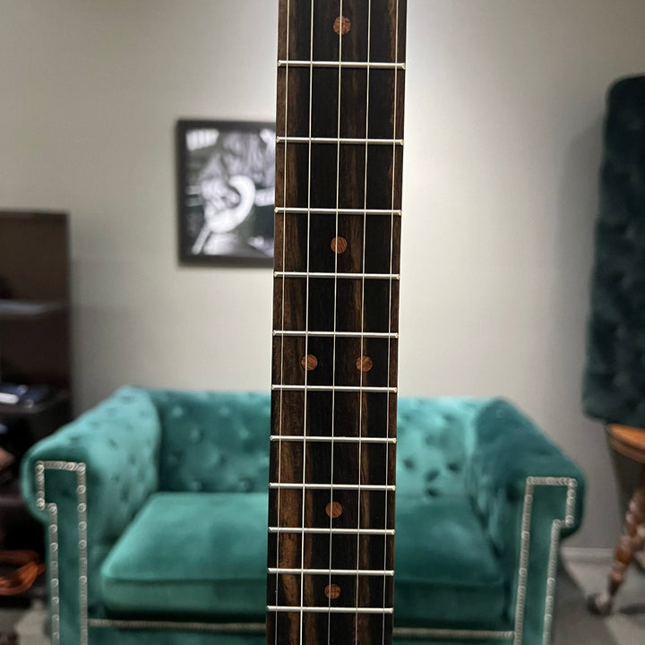 Close-up of a banjo neck with a blurred background featuring a teal chair and a framed picture.