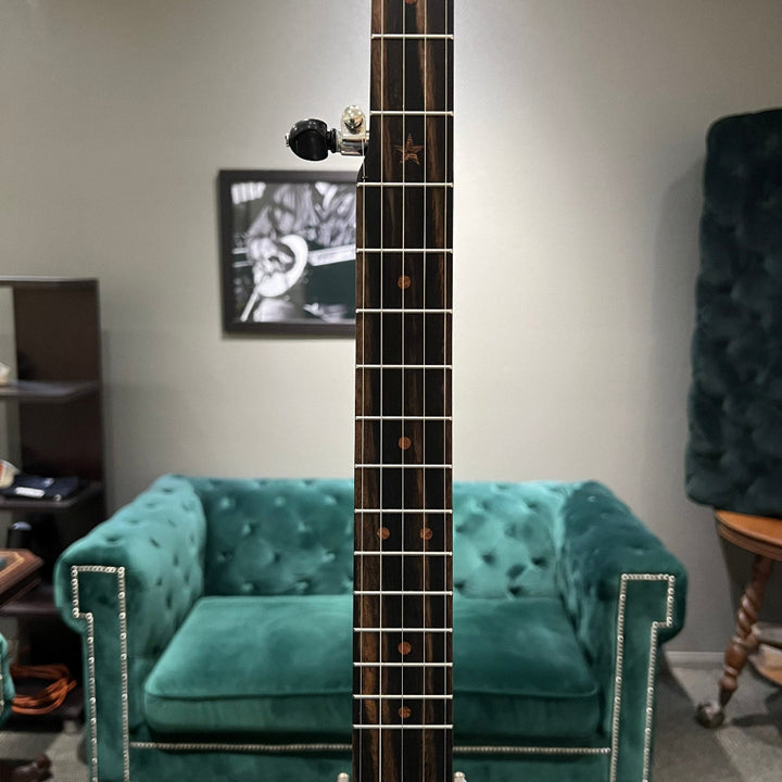 Close-up of a banjo neck with a blurred background featuring a teal chair and a framed picture.