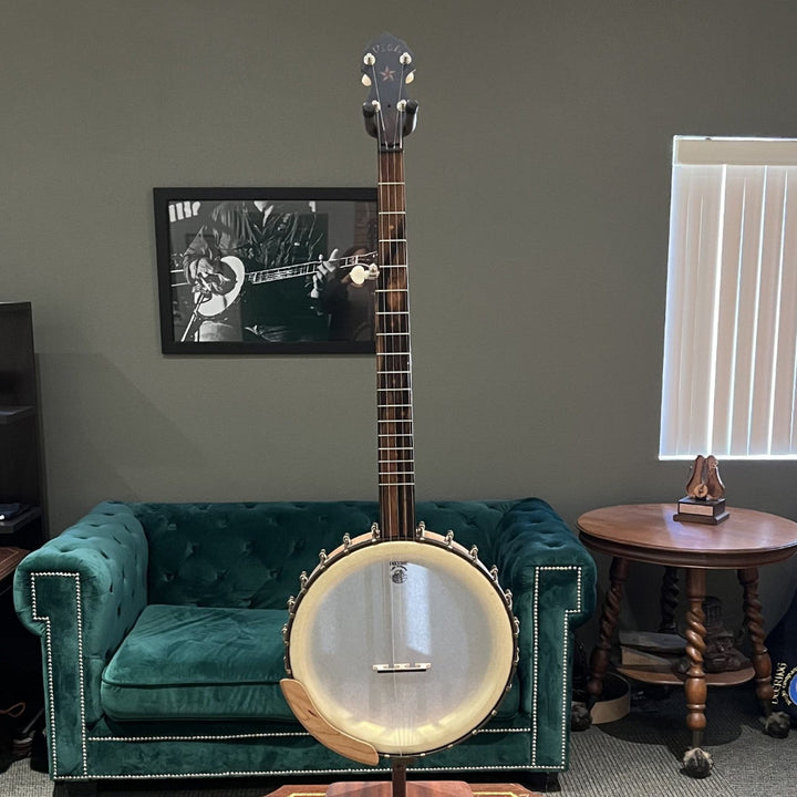 Banjo on a stand in a room with green velvet couches and a window.