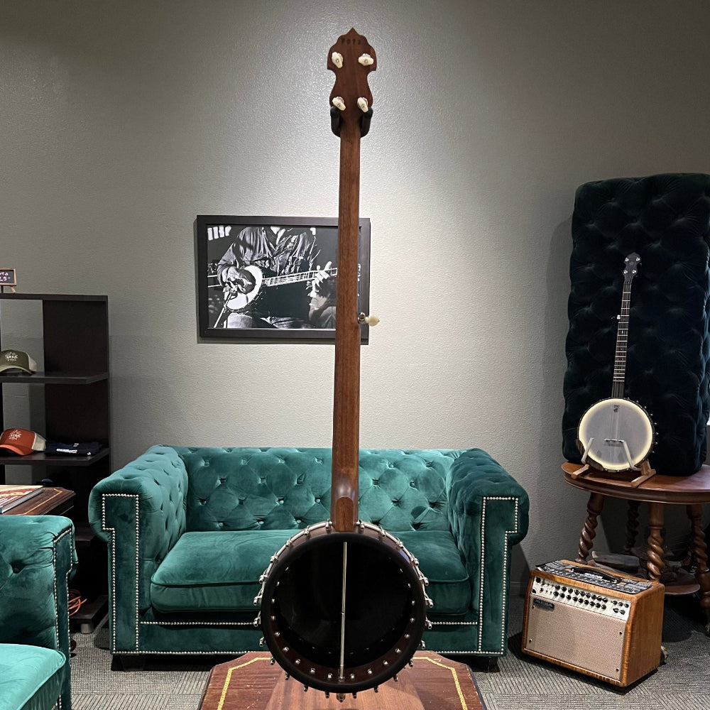banjo in front of couch and grey wall
