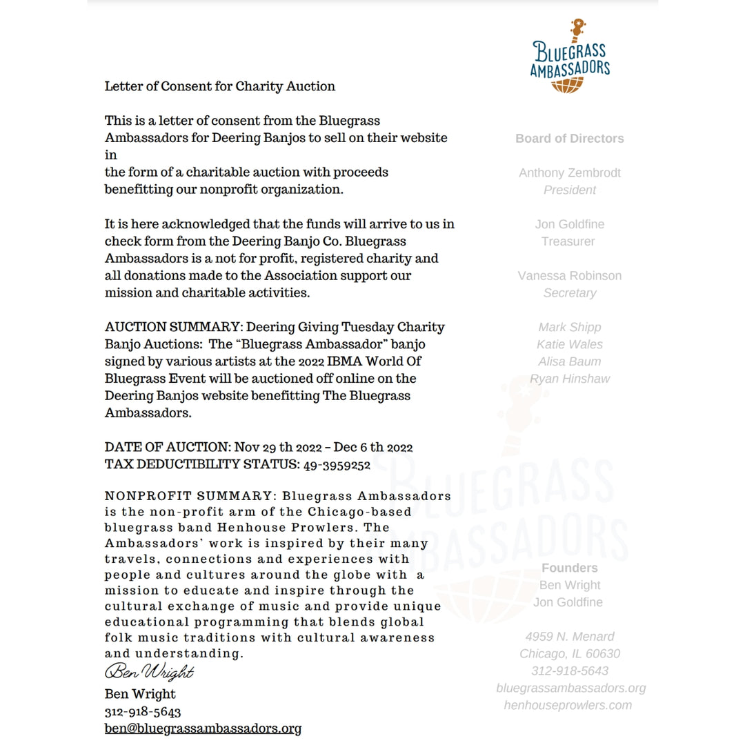 Bluegrass Ambassadors Letter of Consent For Banjo Auction