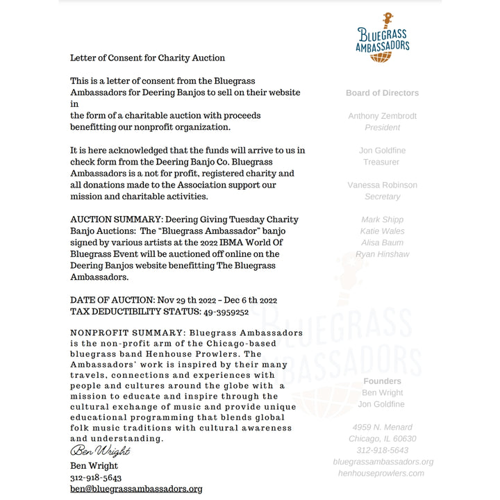 Bluegrass Ambassadors Letter of Consent For Banjo Auction
