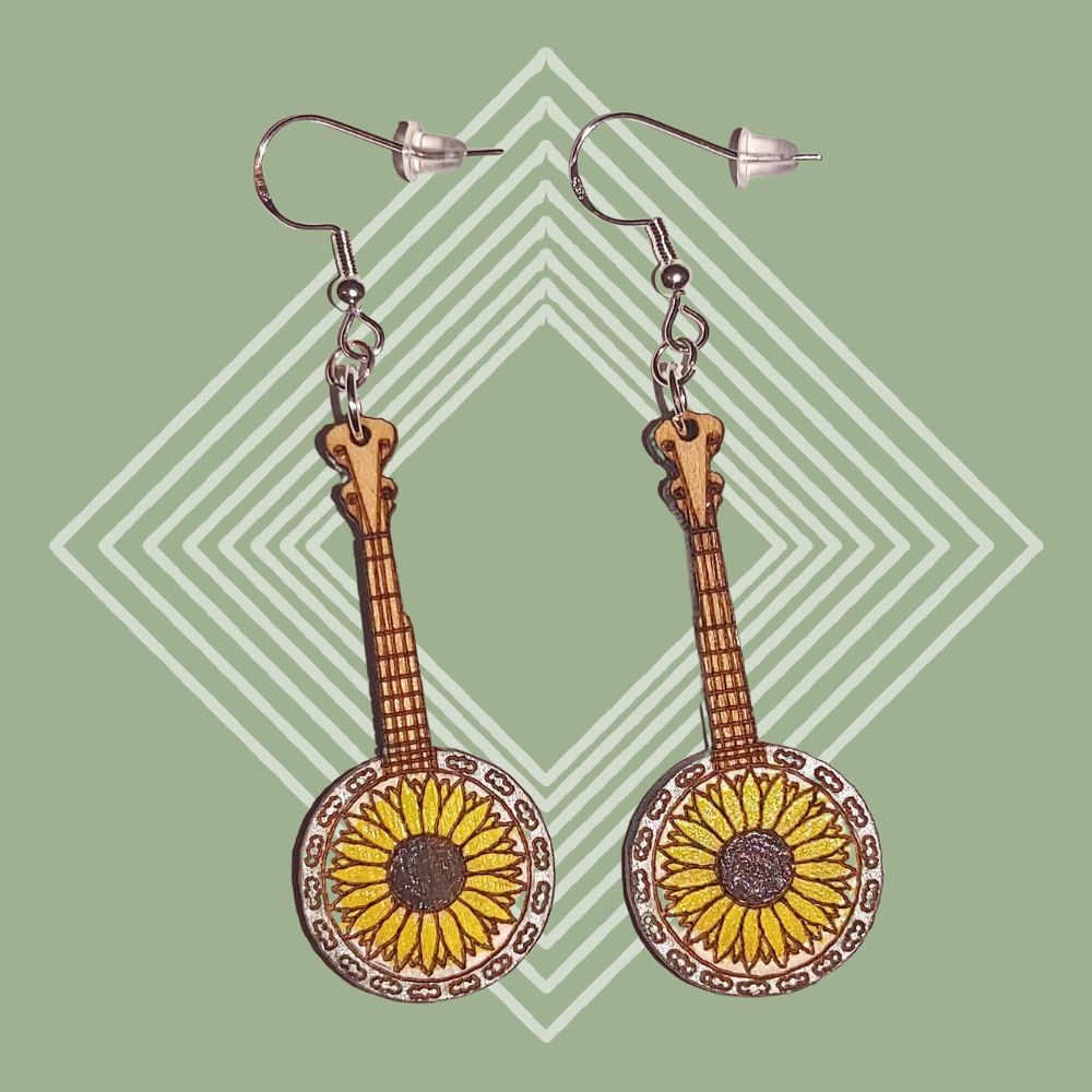 Sunflower Banjo Wooden Earrings